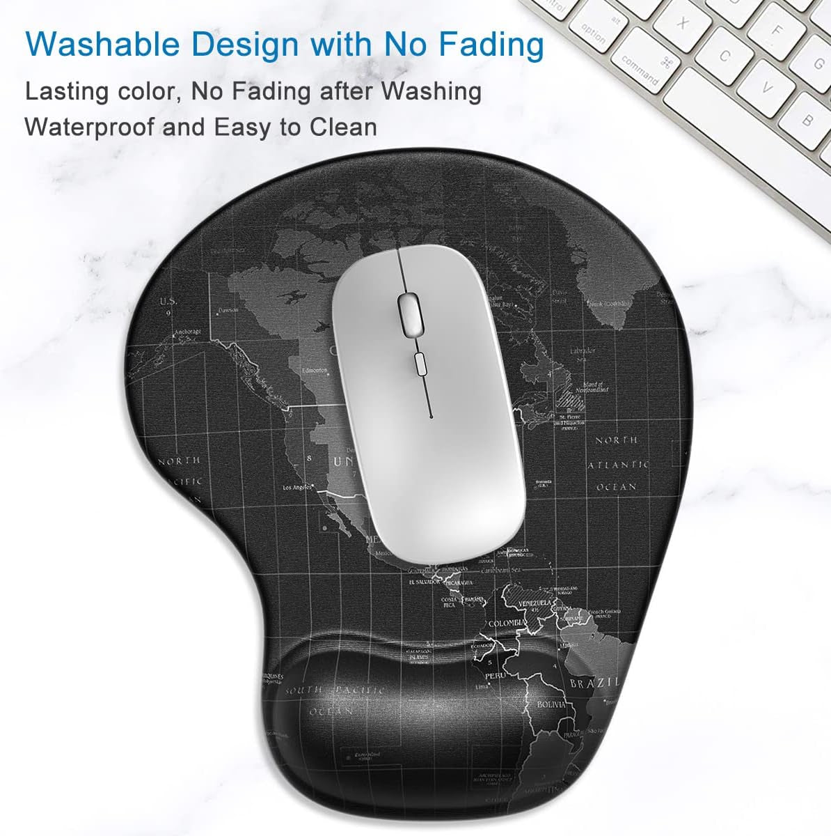 Ergonomic Mouse Pad with Gel Wrist Support Small Wrist Rest Smooth Surface Non-Slip PU Base Comfortable Office Supplies Pain Relief, 8.7 X 7.2 Inches, Map