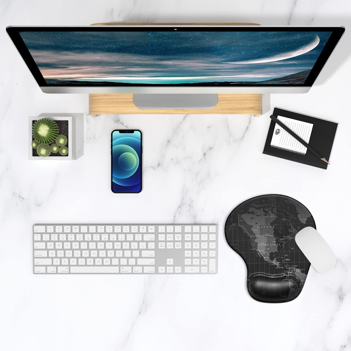 Ergonomic Mouse Pad with Gel Wrist Support Small Wrist Rest Smooth Surface Non-Slip PU Base Comfortable Office Supplies Pain Relief, 8.7 X 7.2 Inches, Map