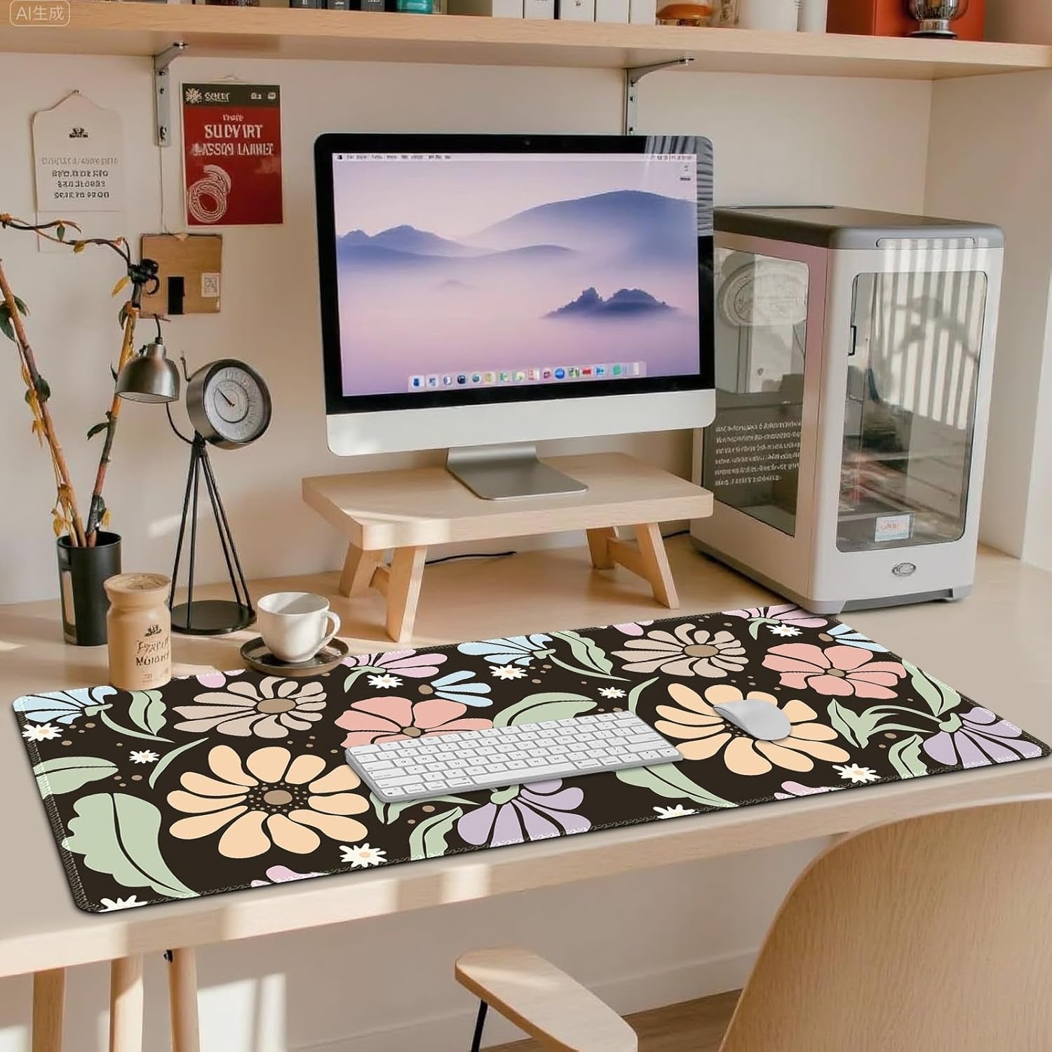 Black Large Desk Mat,Xxl Gaming Mouse Pad,Non Slip Desk Pad with Rubber Base,Floral Extended Keyboard Mat with Stitched Edges for Office Home School