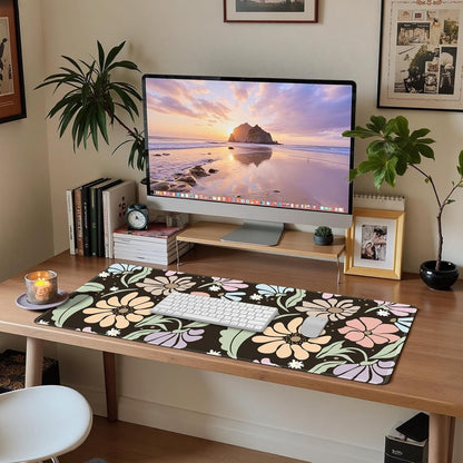 Black Large Desk Mat,Xxl Gaming Mouse Pad,Non Slip Desk Pad with Rubber Base,Floral Extended Keyboard Mat with Stitched Edges for Office Home School