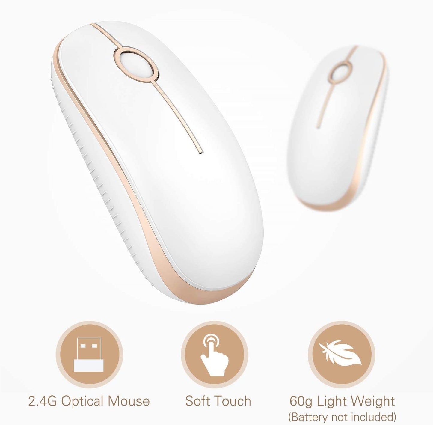 Wireless Mouse, 2.4G Slim Portable Computer Laptop Mouse with Nano Receiver Quiet Silent Optical Mice for Notebook, PC, Laptop, Computer-White and Gold