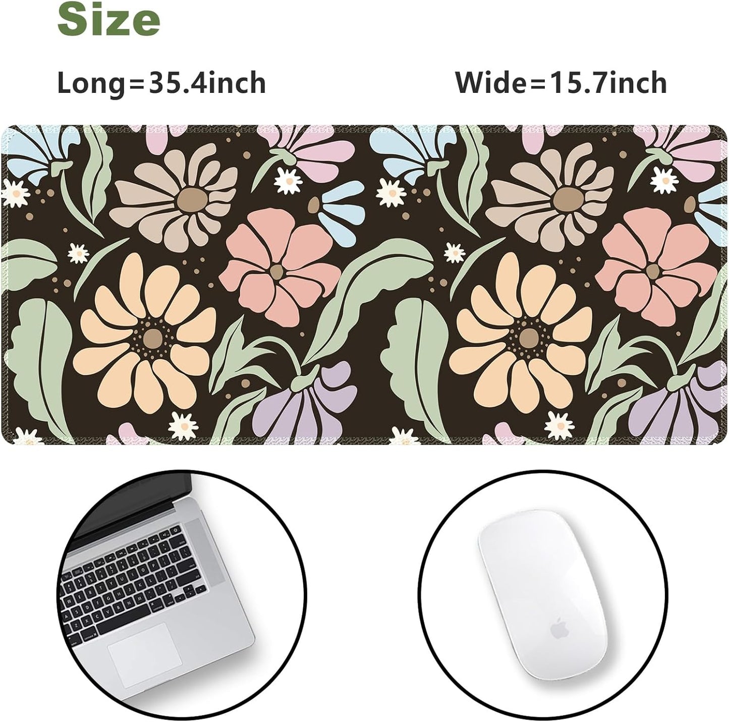Black Large Desk Mat,Xxl Gaming Mouse Pad,Non Slip Desk Pad with Rubber Base,Floral Extended Keyboard Mat with Stitched Edges for Office Home School