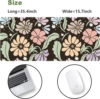 Black Large Desk Mat,Xxl Gaming Mouse Pad,Non Slip Desk Pad with Rubber Base,Floral Extended Keyboard Mat with Stitched Edges for Office Home School